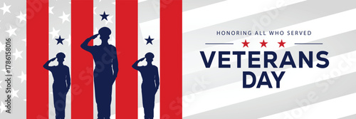 Veterans Day banner with a soldier silhouette saluting, flanked by American flags, set against a background of stars and stripes. Honors veterans and service members who served the USA.