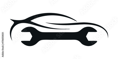Automotive repair service logo: stylized car outline and wrench symbol design icon