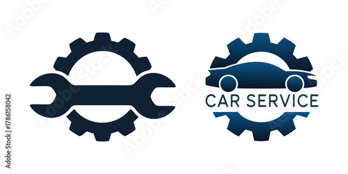 Automotive repair shop service and maintenance logo design icons set, gear and wrench