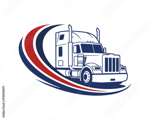 Stylized semi-truck logo, dynamic red blue swoosh, freight transport, logistics vector