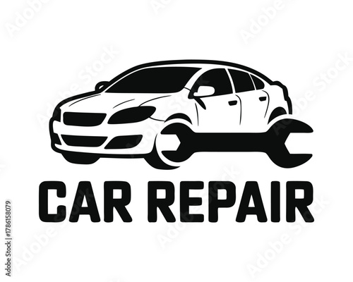 Car repair service logo design with wrench and vehicle silhouette for automotive business