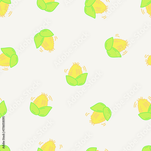 Sweet corn seamless pattern in cartoon style. Healthy fruit food doodle background. Corn farm design for wallpaper, clothing, wrapping, fabric, stationery, and phone cases.