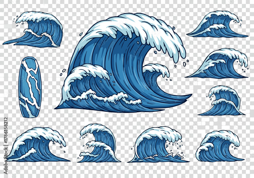 Obraz premium Cartoon sea waves. Blue powerful ocean tide wave with curling water splashes and foam, big tsunami. Surf, tropical design, summer marine water elements. Nautical vector isolated set.
