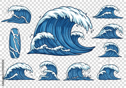 Cartoon sea waves. Blue powerful ocean tide wave with curling water splashes and foam, big tsunami. Surf, tropical design, summer marine water elements. Nautical vector isolated set.