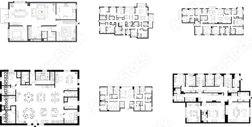 Collection of six architectural floor plans for residential buildings