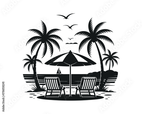 Idyllic tropical beach vacation scene with palm trees, chairs, umbrella, ocean, and birds.