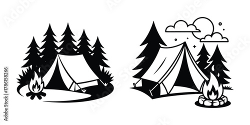 A classic camping tent, blazing bonfire, and pine trees for wilderness adventure design.
