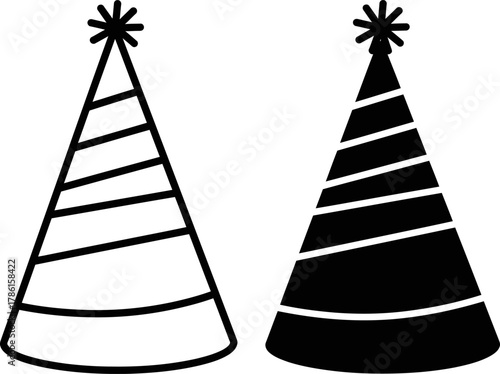 Two stylized party hats, one outlined and the other solid black, both featuring stripes and a star-shaped pom-pom at the top, representing festive celebration.
