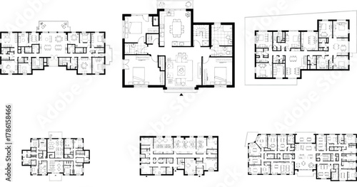 Set of six varied architectural floor plans for residential units