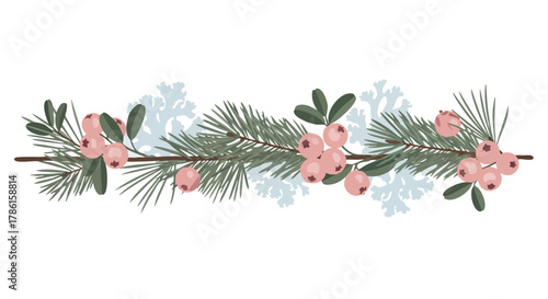 A festive illustration depicts a garland with pine branches, delicate berries, and leaves, perfect for holiday decorations and seasonal designs.