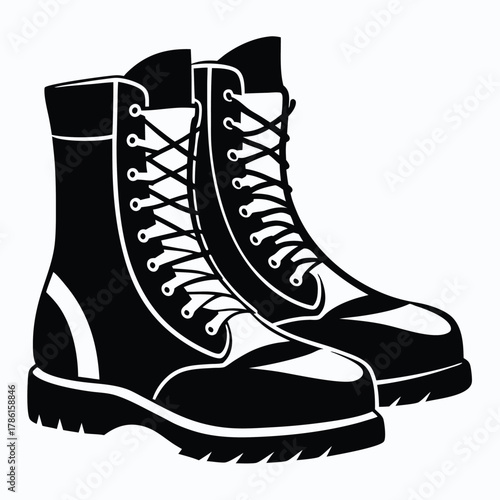 military combat boot black and white silhouette on white background
