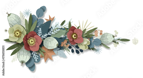 An elegant illustration showcases a vibrant floral arrangement featuring red and yellow blossoms, complemented by various leaves and seed pods on a white background.