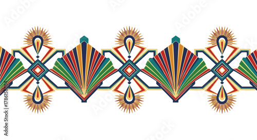A vibrant and ornate geometric border design featuring a repeating pattern of colorful fan-like shapes and diamond elements on a white background.
