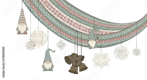 Festive illustration featuring whimsical gnomes, decorative bells, and snowflakes suspended from an elegant, patterned banner on a white backdrop.