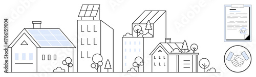 Solar-powered homes and buildings with trees, renewable energy focus, signed agreement, and handshake concept. Ideal for sustainability, clean energy, eco-housing, urban planning, green agreements