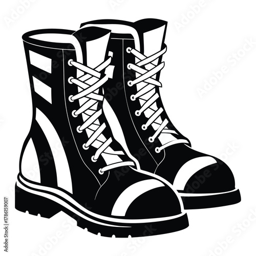 military combat boot black and white silhouette on white background