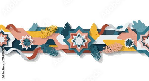 A vibrant and artistic paper cutout border features geometric shapes, stars, and decorative elements, creating a visually appealing design on a white background.