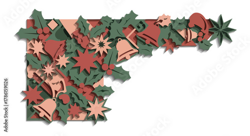 A festive corner decoration featuring paper cut-out elements of holly, stars, bells, and other Christmas ornaments, perfect for holiday designs.