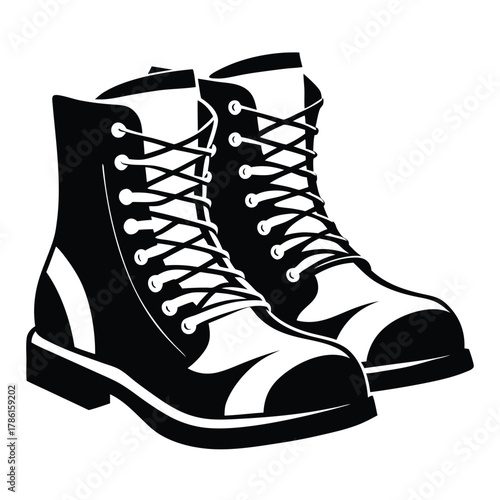 military combat boot black and white silhouette on white background