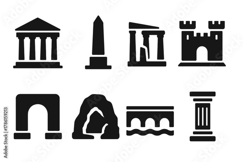 Heritage Icons Collection. Solid style icons of heritage sites: temple, monument, ancient ruins, castle, archway, cave, bridge,