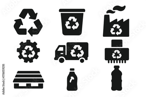 Recycling Icons Collection. Solid style icons of recycling plastics: recycling arrows, container, factory, gear, truck, shredder,