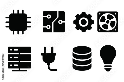 Processor Icons Set. Solid style icons of processors: microchip, circuit board, gear, cooling fan, server rack, plug, database,