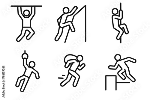 Elite OCR Icons. Line style icons of elite OCR techniques: bar transition grip, explosive wall climb, fast rope descend,