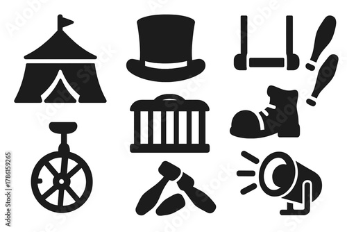 Circus Icons Collection. Solid style icons of Circus Tradition: big top tent, ringmaster hat, acrobat swing, clown shoe, lion cage