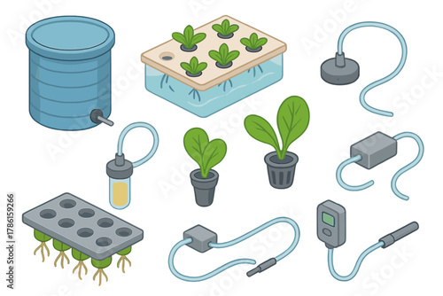 Aquaponics System Elements. Isometric vector illustration set of Aquaponics systems: water reservoir tank, floating raft module,