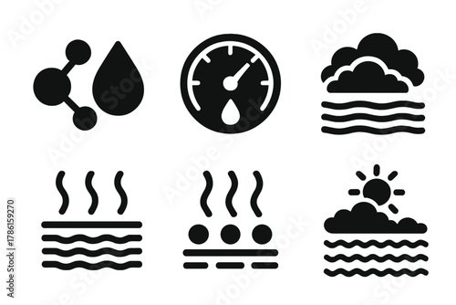 Atmospheric Moisture Icons. Solid style icons of atmospheric moisture representation: air molecule with water droplet, humidity