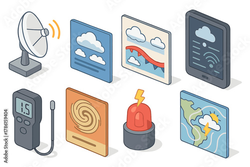 Meteorology Tools Isometric. Isometric vector illustration set of Meteorology tools: remote sensing array, cloud albedo chart,