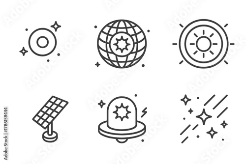 Dyson Sphere Icons. Line style icons of Dyson Sphere: Stellar Core, Solar Array, Megastructure Shell, Energy Flow, Satellite Panel