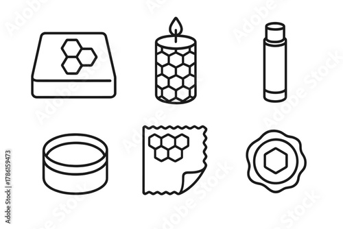 Bee Wax Product Icons. Line style icons of bee wax and products: wax block symbol, beeswax candle icon, lip balm tube, solid