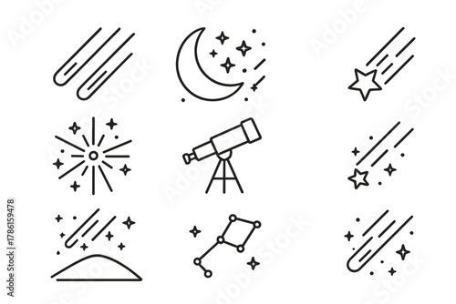 Meteor Shower Icons. Line style icons of Meteor Shower: Streaking Light, Night Sky, Wish, Radiant Point, Telescope, Shooting Star,