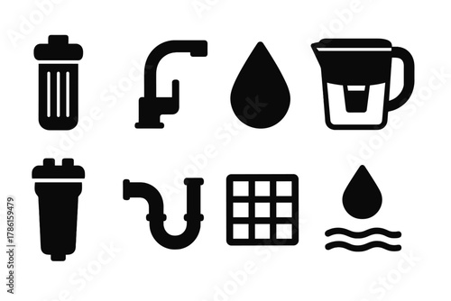 Water Filtration Icons. Solid style icons of water filtration: filter cartridge, faucet, water droplet, filter jug, sediment tank,
