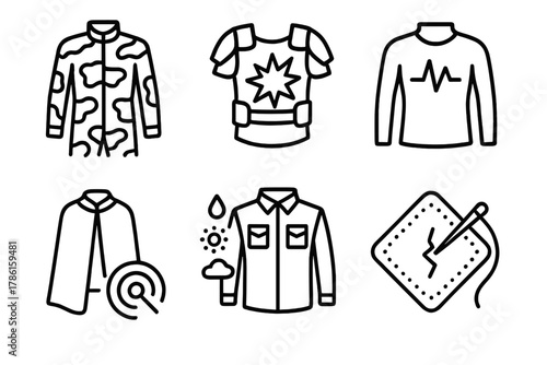 Smart Fabric Innovations. Line style icons of military and defense smart fabrics: camouflage-shifting suit, impact-detecting armor