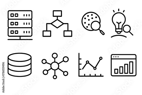 Data Mining Icons. Line style icons of Data Mining: Server Farm, Algorithm, Pattern, Insight, Database, Network, Graph, Analytics,