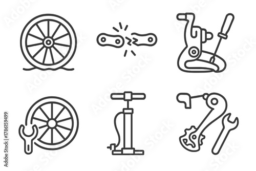 Mechanical Repair Icons. Line style icons of mechanical issues and repairs: flat tire icon, chain break symbol, brake pad