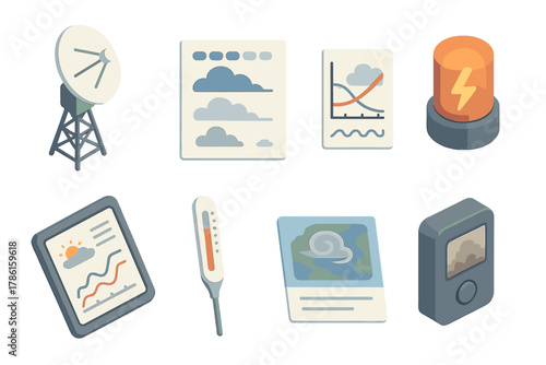 Meteorology Tools Isometric. Isometric vector illustration set of Meteorology tools: remote sensing array, cloud albedo chart,