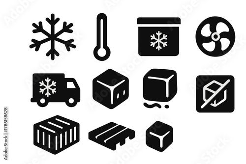 Cold Chain Logistics Icons. Solid style icons of cold chain logistics: snowflake, thermometer, insulated box, refrigerated truck,