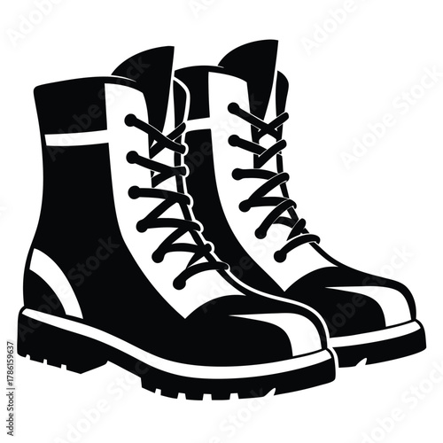 military combat boot black and white silhouette on white background