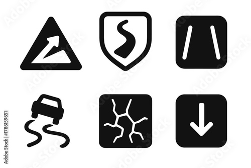 Terrain Challenge Icons. Solid style icons of terrain challenges: uphill backward path icon, reverse trail badge, inverted road