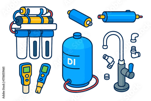 Science Lab Equipment Icons. Isometric vector illustration set Science lab equipment – water purification unit, RO membrane,