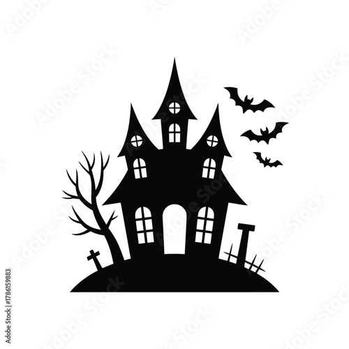 Spooky haunted house silhouette with bats and gravestones for halloween