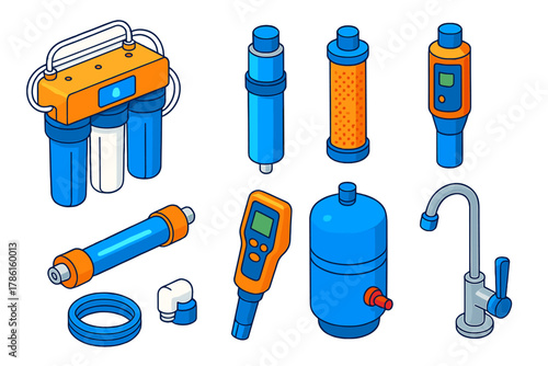 Science Lab Equipment Icons. Isometric vector illustration set Science lab equipment – water purification unit, RO membrane,