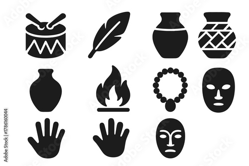 Traditional Icons Collection. Solid style icons of traditions: drum, feather, woven basket, clay pot, fire, bead necklace,