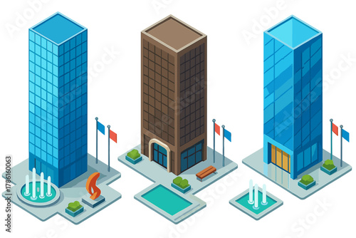 Vibrant Skyscraper Icons. Isometric vector illustration set Skyscraper silhouettes – mirrored glass monolith, tinted façade,