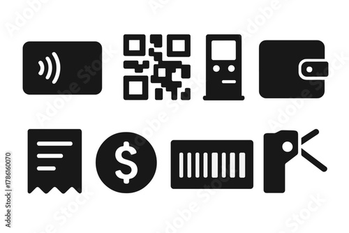 Fare Payment Icons. Solid style icons of fare payment: contactless card, QR code, ticket machine, wallet, receipt, cash coin,