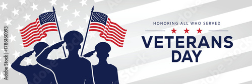 Veterans Day banner with a soldier silhouette saluting, flanked by American flags, set against a background of stars and stripes. Honors veterans and service members who served the USA.