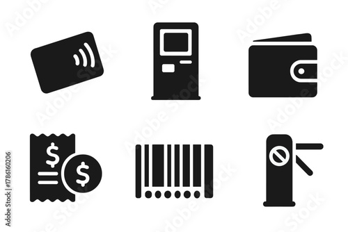 Fare Payment Icons. Solid style icons of fare payment: contactless card, QR code, ticket machine, wallet, receipt, cash coin,